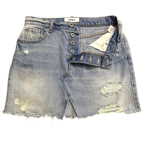 Pistola Womens Skirt 28 Distressed Denim Mini Button Fly Frayed Holes Grunge - Picture 1 of 14